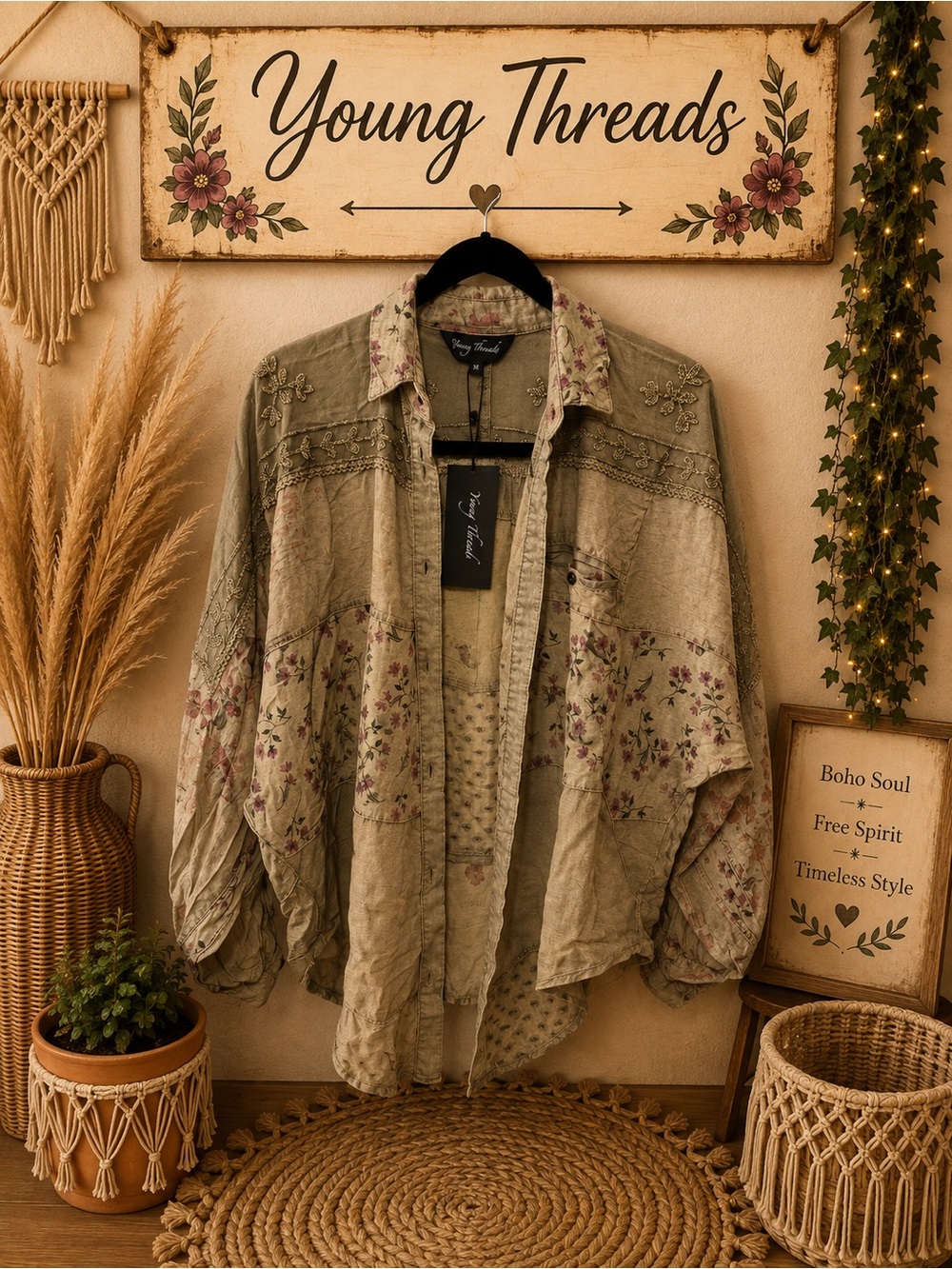 Young Threads Women's Olive Floral Boho Tunic Shirt
